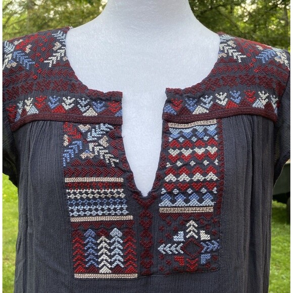 Boho Navy Blue Dress Embroidered Boho Sz Medium Peasant Hippie Short Sleeve Midi - Picture 2 of 16